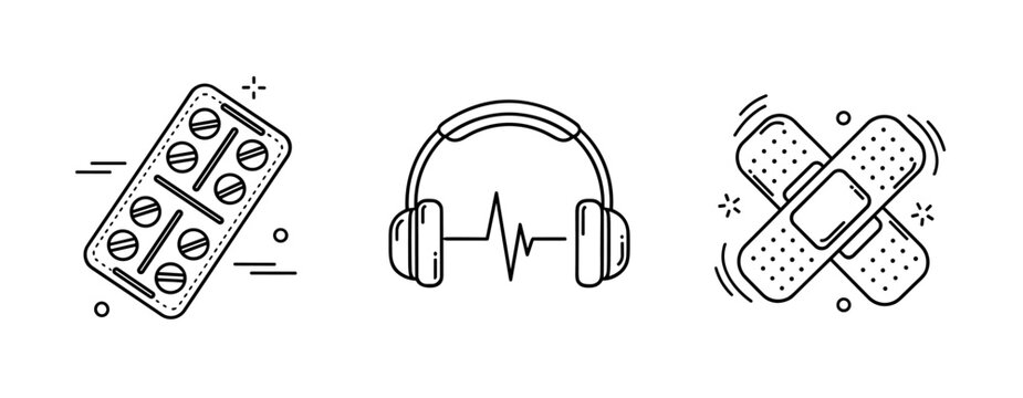 Health symbols: pills, headphones with heartbeat, and bandages in minimalist style
