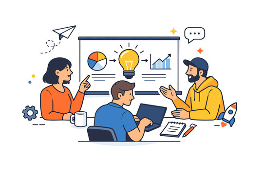 Startup team meeting founders brainstorming around a shared screen with light decorative accents, expressing creativity, alignment and fast paced startup