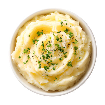 Creamy mashed potatoes garnished with fresh herbs in a white bowl