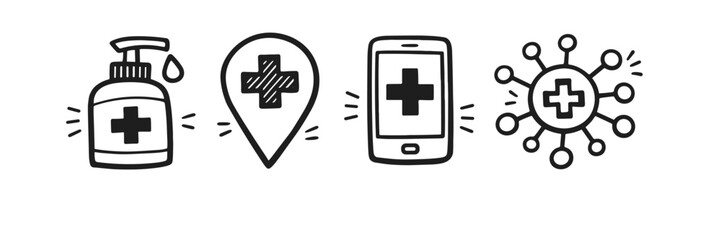 Fototapeta premium Healthcare icons: sanitizer, location, mobile app, virus symbol in black and white