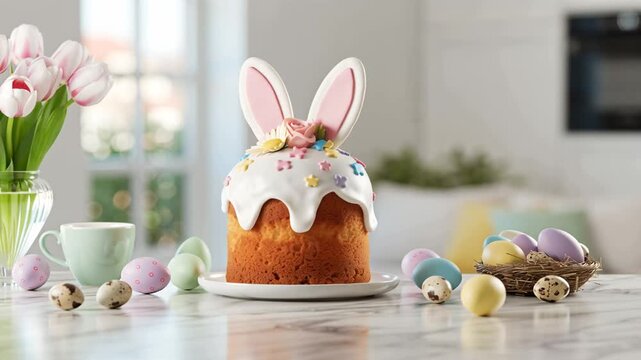 A cute festive Easter cake with ears on the kitchen table