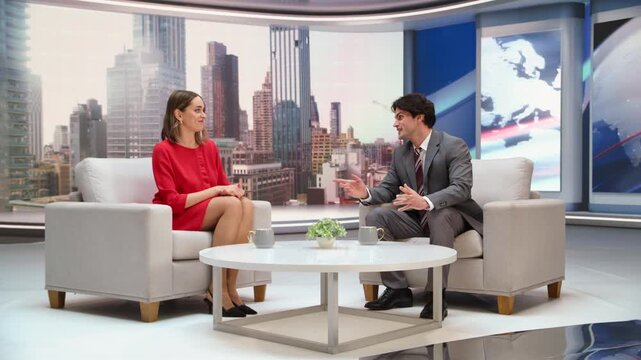 Morning Talk Show: Daytime TV Chat With a Male Host and Female Guest Writer Sharing Book Picks, Reading Trends, Q&A Interview, Lifestyle. Mockup Broadcasting Playback, Studio Screen Replacement