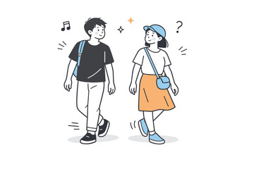 People pausing to listen. Two people walking who stop mid-step, both turning slightly toward an unseen sound. Shared curiosity and gentle interruption of