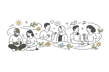 Spring unity concept. Diverse people calmly interacting, connected by flowing organic lines and spring elements like leaves and flowers. The scene feels