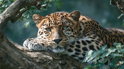 Fototapeta premium Leopard resting on tree branch with intense gaze surrounded by forest leaves in natural wildlife environment