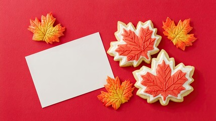 Obraz premium Maple leaf cookies with icing and colorful autumn leaves on red background with blank card for text message