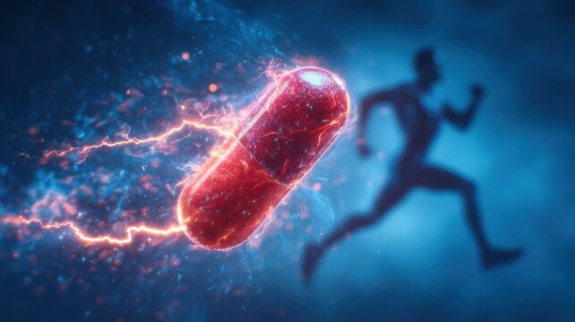 Glowing red energy capsule with electric lightning effect and running athlete silhouette in background
