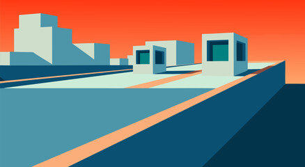 Naklejka premium Stylized Vector Cityscape Illustration at Sunset with Abstract Orange and Blue Architecture