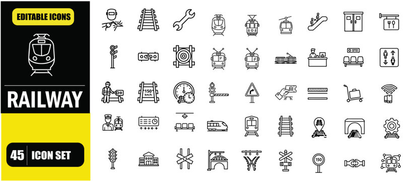 Railway Outline Icons Set &ndash; Editable Stroke Linear Train and Rail Transport Icon Collection for Metro, Station, Logistics and Transportation Vector Illustration