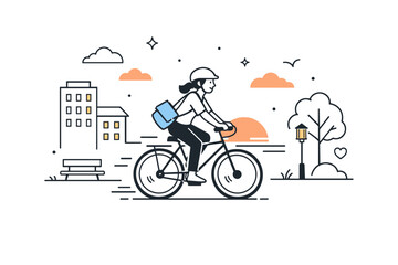 Naklejka premium Urban cycling daily commute moments. Evening ride home with soft sunset light, cyclist moving past buildings and trees, sense of completion