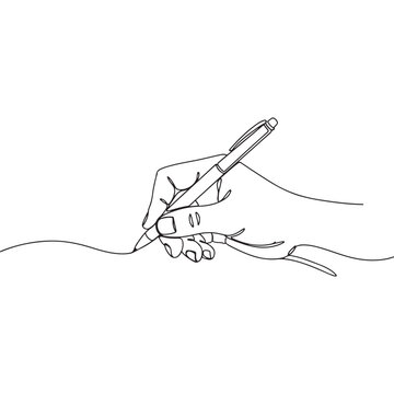 Continuous line drawing of a hand writing with a pen