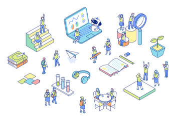 学校生活のアイソメトリックイラスト。制服を着た生徒が学校で学んでいるイメージのイラスト。