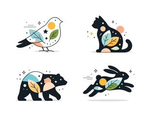 Collection of stylized animals with abstract natural elements and geometric shapes