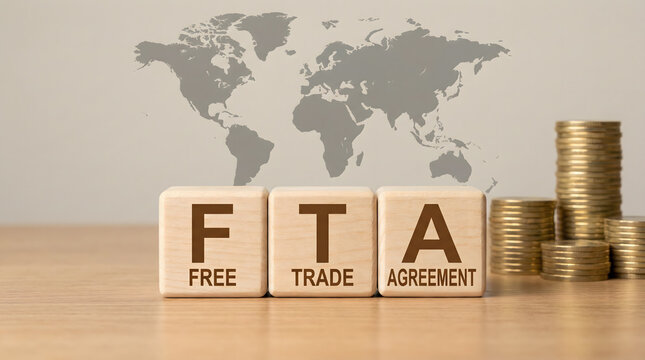 Free Trade Agreement FTA concept with coins and world map background