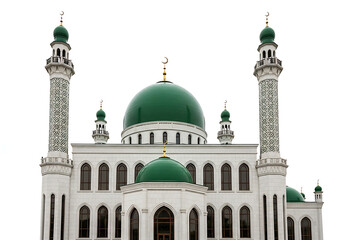 Obraz premium Frontal view of a white mosque with green domes and minarets standing tall against a clear sky
