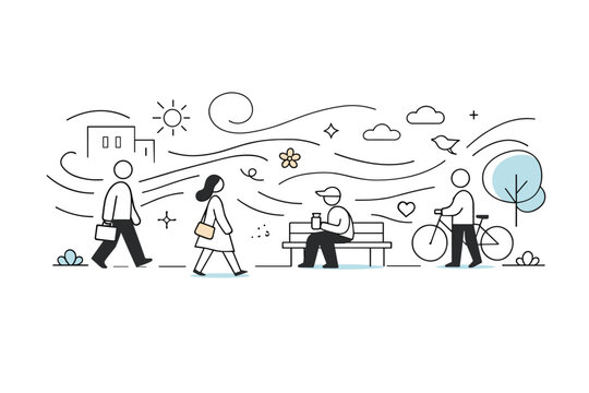 Spring smells in city air. Abstract city scene with people reduced to simple shapes, soft lines drifting through the space to suggest scent and breeze.