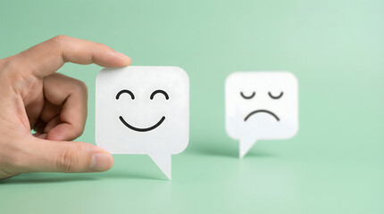 Obraz premium Hand holding happy face bubble, sad face bubble in background, customer feedback concept