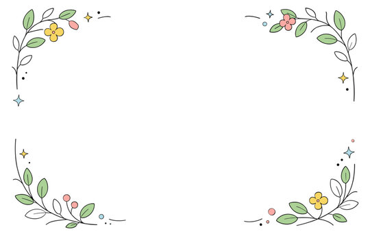 Minimal floral border. A thin botanical border with simple leaves and stems framing the edges of the canvas. The atmosphere is light, airy, and elegant.