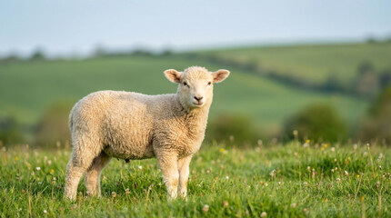 Obraz premium Cute lamb grazing in spring meadow with green hills in background