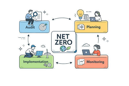 Net zero workflow diagrams. A simplified editorial scene of interconnected blocks representing audit, planning, implementation, and