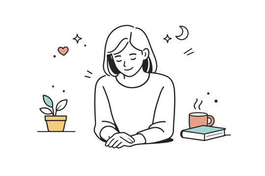 Natural unposed smiles. Someone seated with head slightly lowered, a small smile appearing naturally. The scene conveys quiet contentment and