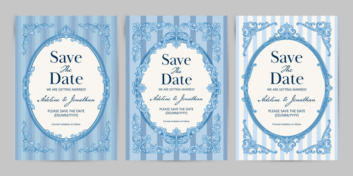 Vintage Ornate Oval Frames. Elegant Save the Date Wedding Cards or Invitations vector design template.