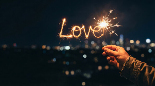 Romantic sparkler display with night city skyline in background