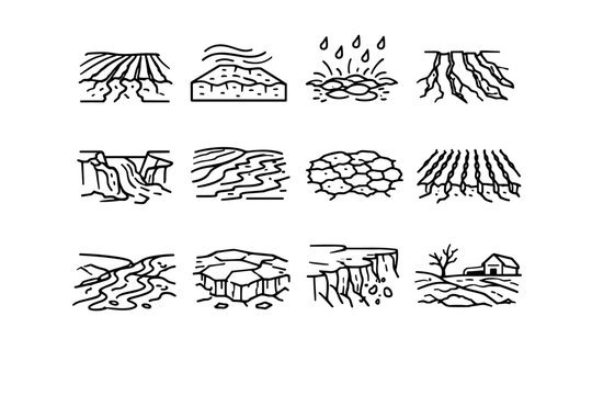 Soil Erosion. Line icon set of Soil Erosion: plowed field erosion, topsoil loss, rain splash erosion, furrow erosion, gully erosion, sheet