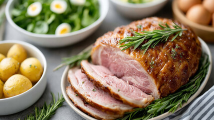 Easter brunch family gathering with festive table display and delicious meal