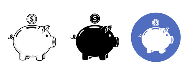 Fototapeta premium Piggy bank icons with dollar sign variations in black, white, and blue
