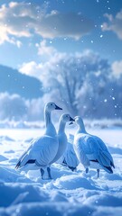 Three snow geese stand in snowy field, with soft, blurred winter scenery, cool blue and white tones