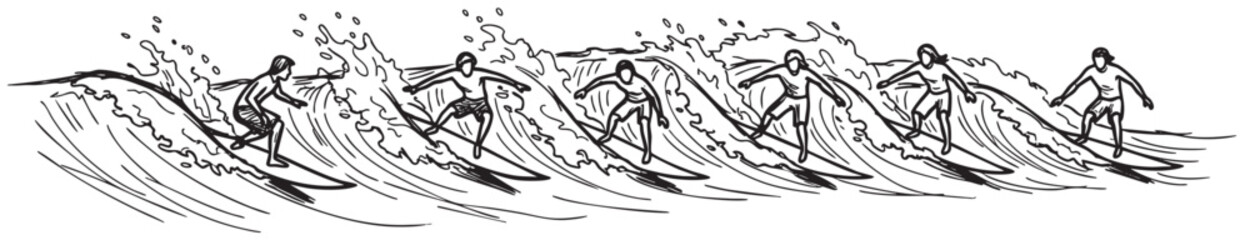 A hand drawn illustration depicts multiple surfers riding a large wave, rendered in black and white, evoking a sense of action, sport, and carefree summer vibes.