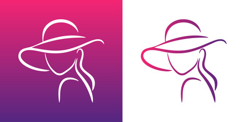 Logo boutique. Dibujo sencillo con líneas de la cabeza de una mujer con un sombrero de ala ancha color violeta  © teracreonte