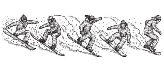 Fototapeta premium Black and white sketch illustration of snowboarders riding downhill through the snow, showcasing a retro style winter sport theme, perfect for vintage posters and designs.