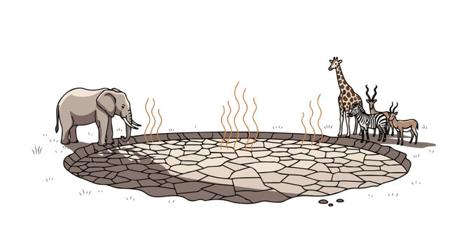 An illustration of a giraffe, deer, and elephant standing around a cracked earth circle with flames, conveying a scene of global warming and heat wave.
