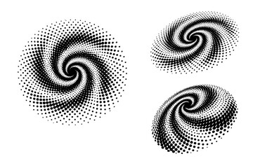 Halftone rotating dot pattern. A single rotating dot pattern shown in three views: flat view, diagonal view, and rotated three-quarter view, focusing on