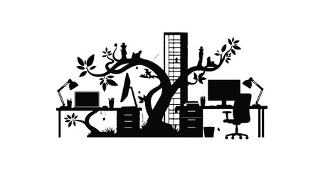 Obraz premium office workspace with tree and city view