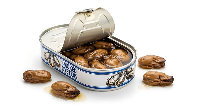 Smoked oysters in opened tin can on white background culinary illustration