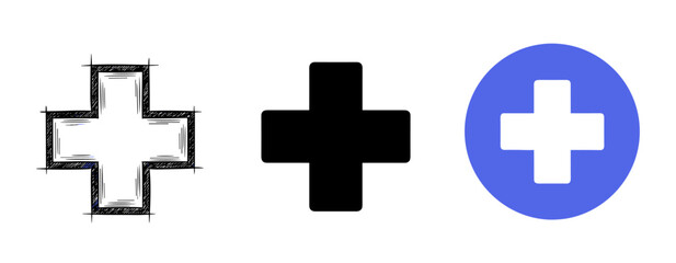 Obraz premium Three cross icons: sketch, solid black, blue circle variations on white background