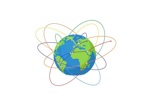 Illustration of a stylized Earth globe with multiple colored lines connecting points globally