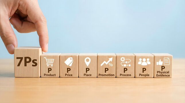 Marketing Mix 7Ps Concept: Hand Arranging Wooden Blocks with Icons