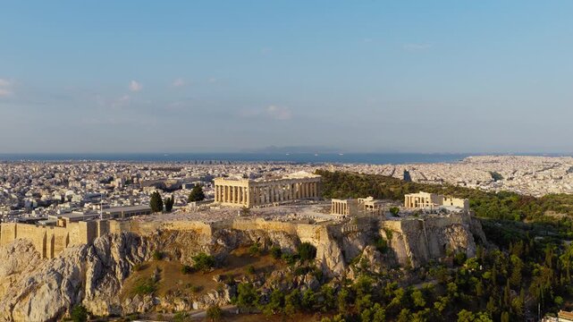 Acropolis Parthenon ancient Greek landmark in Athens Greece aerial drone landscape day view