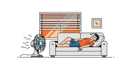 A person lies on a couch in front of a fan with closed blinds in a room with a warm and cozy atmosphere conveying a feeling of heat wave relief.