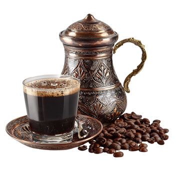 Traditional turkish coffee set with rich dark coffee and roasted beans
