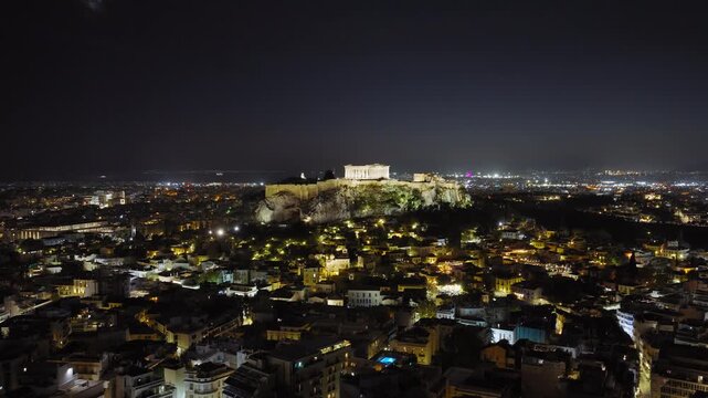 Acropolis Parthenon ancient greek landscape night view Athens Greece, aerial drone