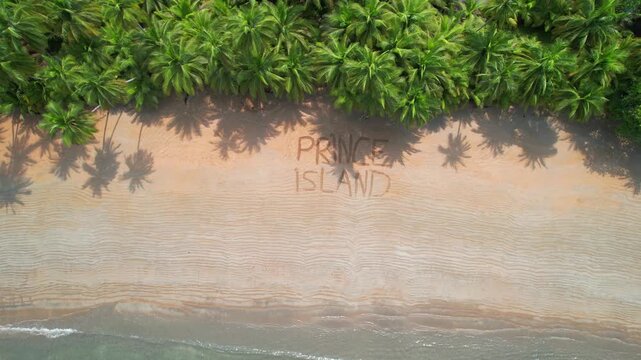 Aerial descending view on Bom Bom beach with the name of the the island inscription in the sand.
Prince Island,S&atilde;o Tom&eacute; e Principe,Africa