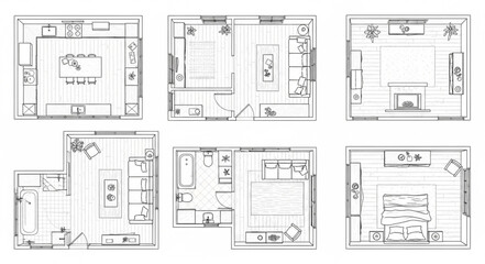 Detailed architectural floor plans showcasing various room layouts and designs for interior spaces.