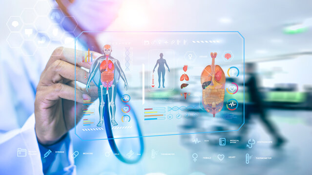 Medical longevity concept showing a doctor&rsquo;s hand touching a glowing virtual interface  Body Scan on a blue technology background.