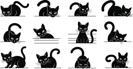 Black cat vector illustration set, playful feline poses, cute cartoon animals, minimalistic design, creative character icons, stock art collection © Farzana