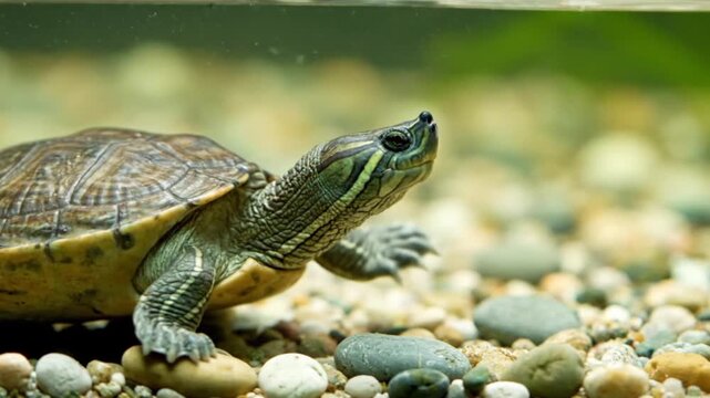 A fascinating close-up of a small freshwater turtle gracefully exploring its clear aquatic environment, showcasing its distinctively patterned shell and curious gaze